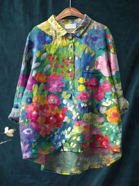 Ladies Vintage Cute Floral Art Print Casual Linen Shirt