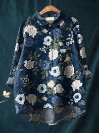 Ladies Floral Art Print Casual Linen Shirt