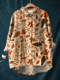 Women's Vintage Autumn Leaf Art Print Casual Cotton and Linen Ruffle Shirt