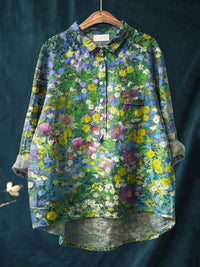 Ladies Vintage Floral Art Print Casual Linen Shirt