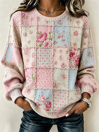 Pink Floral Patchwork Crew Neck Sweatshirt