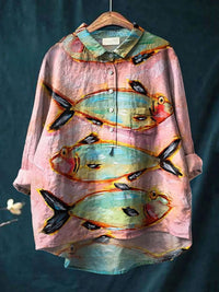 Ladies Vintage Fish Art Print Casual Linen Shirt