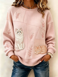 Embroidered Cat & Daisy Patchwork Crew Neck Sweatshirt