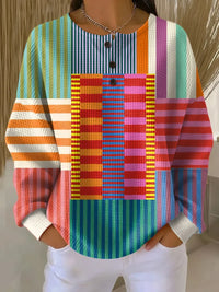 Women's Rainbow Patchwork Geometric Print Waffle Sweatshirt