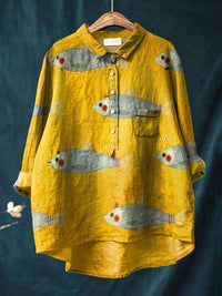Women’s Vintage Fish Art Print Casual Linen Shirt