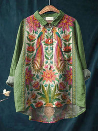 Ladies Vintage Cute Floral Birds Art Print Casual Linen Shirt