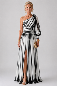 Elegant Striped Maxi Dress with One Shoulder