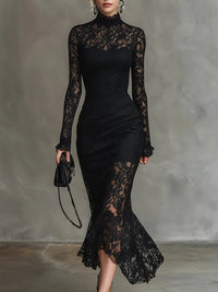 Elegant Black Stretch Lace Fishtail Maxi Dress