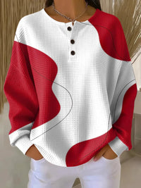 Women's Red & White Wave Abstract Print Waffle Sweatshirt