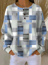 Women's Blue Patchwork Geometric Print Waffle Sweatshirt