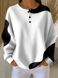 Women's Black & White Wave Abstract Print Waffle Sweatshirt