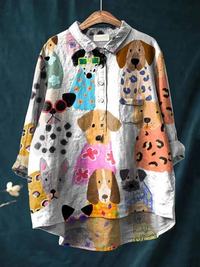 Women’s Colorful Fun Cartoon Puppy Print Casual Linen Shirt