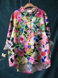 Colorful Spring Flower Print Women's Casual Linen Shirt