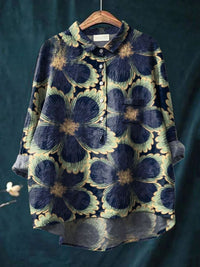 Women’s Vintage Floral Art Print Casual Linen Shirt