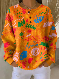 Women's Orange Doodle Abstract Print Waffle Sweatshirt