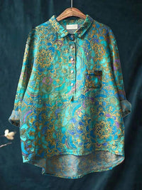 Ladies Retro Art Print Casual Linen Shirt