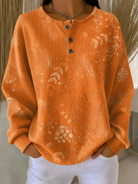 Orange Floral Leaf Print Crew Neck Sweatshirt