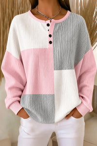 Women's Casual Abstract Henley Collar Long Sleeve Pink Sweatshirt