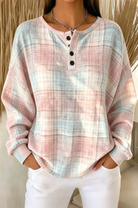 Women's Casual Plaid Henley Collar Long Sleeve Sweatshirt