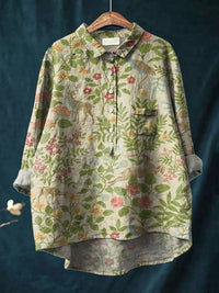 Women's Vintage Floral Animal Art Print Casual Linen Shirt