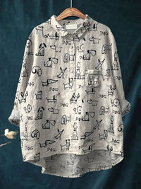 Women's Cute Dog Print Casual Linen Shirt