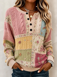 Multicolor Cable-Knit Floral Patchwork Crew Neck Sweatshirt