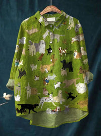 Women Cute Dog Art Print Casual Linen Shirt