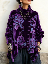 Elegant Floral Rose Prints Asymmetrical Button Up Velvet Top