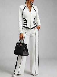 Cozy And Casual Two-piece Set Featuring A Slim-fit, Stretchy Zip-up Sweatshirt And Pants With Black Webbing Trim