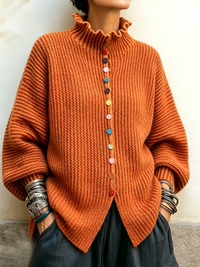 Vibrant Ruffled Turtleneck Sweater with Colorful Rainbow Buttons