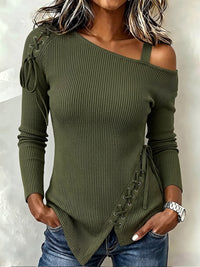 Alluring Cold-Shoulder Lace-Up Ribbed Knit Top