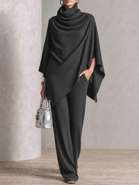 Two-piece Set Featuring A High-neck Cape-style Top And Wide-leg Trousers