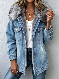 Casual, Warm, Distressed Denim Jacket With A Faux-fur Lining And Hood