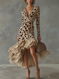 Fashionable Color-blocked Knit Wrap Dress Featuring A Solid-color Chiffon Hem And Leopard Print