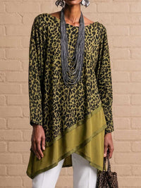 Womens Leopard Print Crew Neck Long Sleeve Casual Loose Patchwork Top