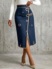 Chic And Refined Denim Midi Skirt With Gold Piping