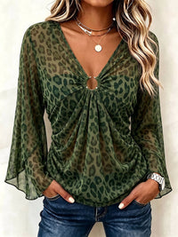 Fierce Leopard Print Ring Accented V Neck Top