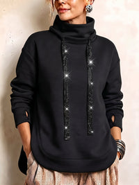Chic Rhinestone Drawstring Cowl Neck Sweatshirt