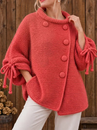 Womens Chunky Knit Asymmetric Button Sweater Lantern Sleeve Tie Cuff Cardigan Coat