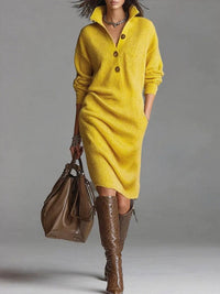 Womens Solid Color Stand Collar Long Sleeve Casual Loose Knit Dress