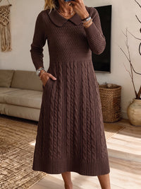 Classic Brown Cable-Knit Collar Midi Dress