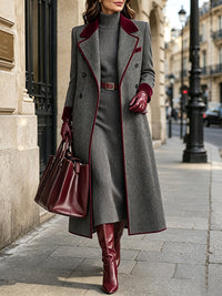 Elegant Herringbone Wool Blend Long Coat
