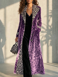 Womens Retro Velvet Long Coat with Leopard Print Color Block Lapel and Inner Panels Single Breasted Long Sleeve Trench Coat