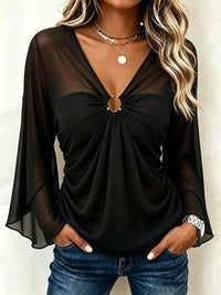 Chic Ring Accented Sheer Sleeve V Neck Top