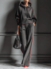 Chic Charcoal Grey Red-Trimmed Hooded Tracksuit Set